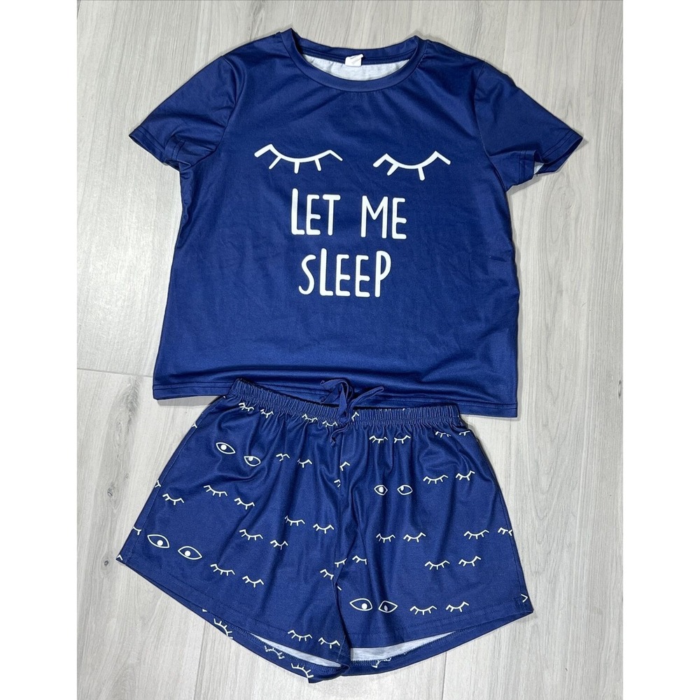 Navy Blue Let Me Sleep Eyelash Print Pajama Set Shorts & Tee Lounge Small